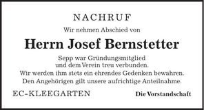 Traueranzeige Josef Bernstetter