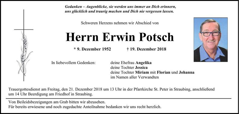Traueranzeige Erwin Potsch