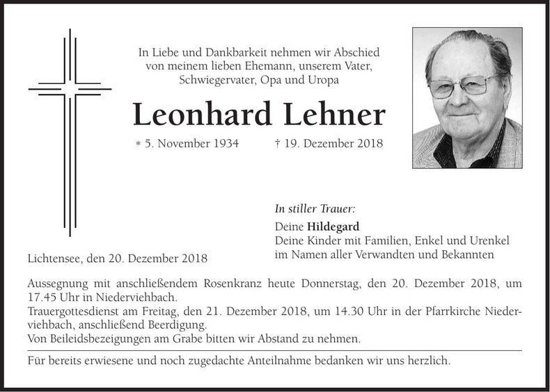 Traueranzeige Leonhard Lehner