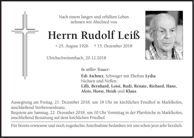 Traueranzeige Rudolf Leiß
