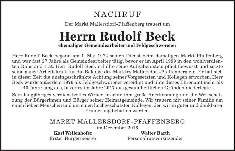 Traueranzeige Rudolf Beck