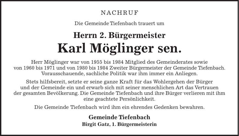 Traueranzeige Karl Möglinger