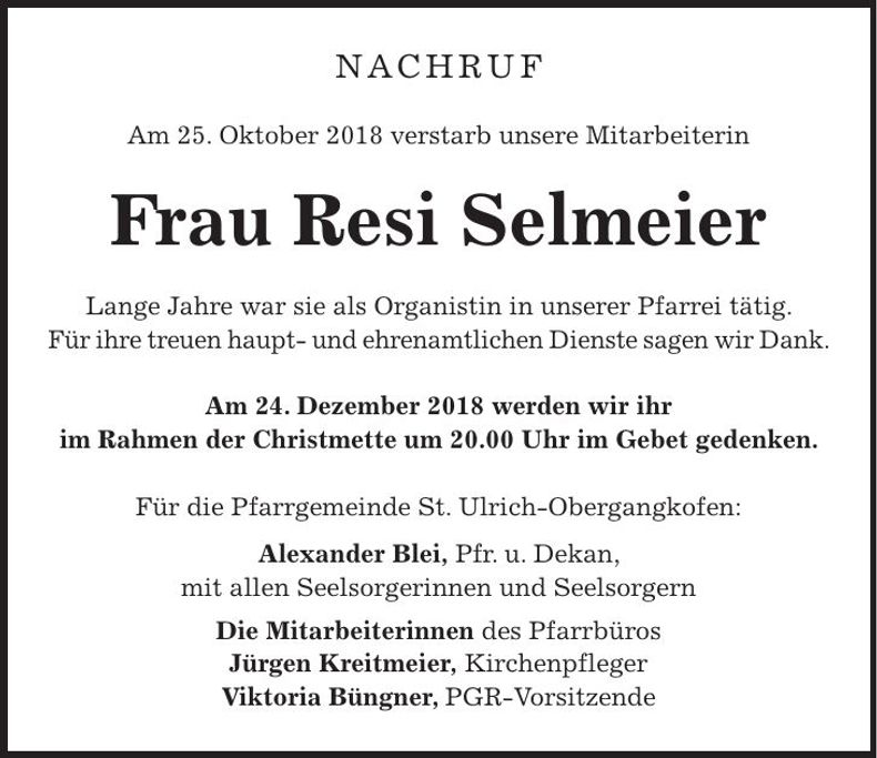 Traueranzeige Resi Selmeier