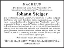 Traueranzeige Johann Steiger