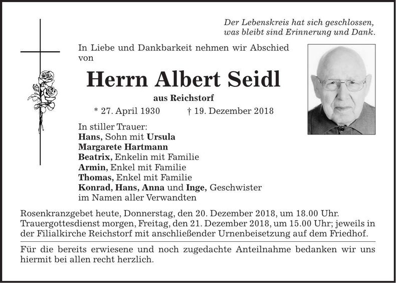 Traueranzeige Albert Seidl