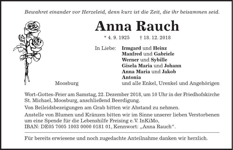 Traueranzeige Anna Rauch