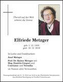 Traueranzeige Elfriede Metzger