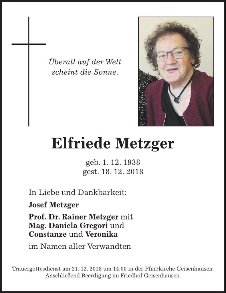 Traueranzeige Elfriede Metzger