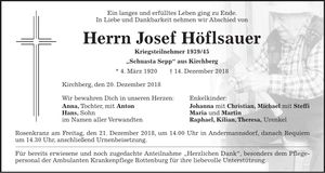 Traueranzeige Josef Höflsauer