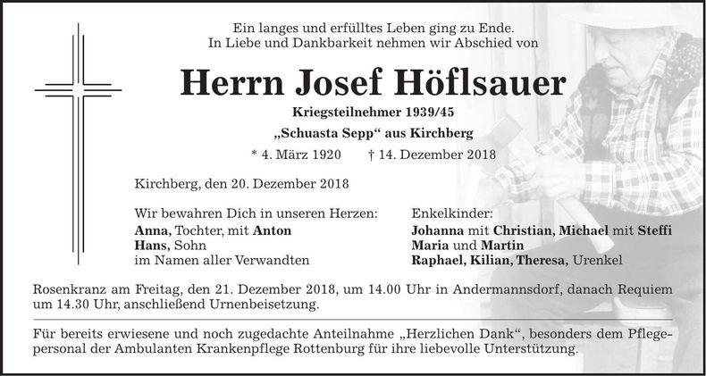 Traueranzeige Josef Höflsauer