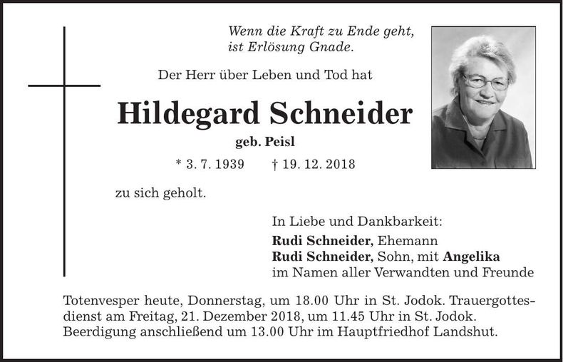 Traueranzeige Hildegard Schneider