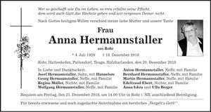 Traueranzeige Anna Hermannstaller