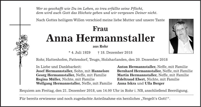 Traueranzeige Anna Hermannstaller