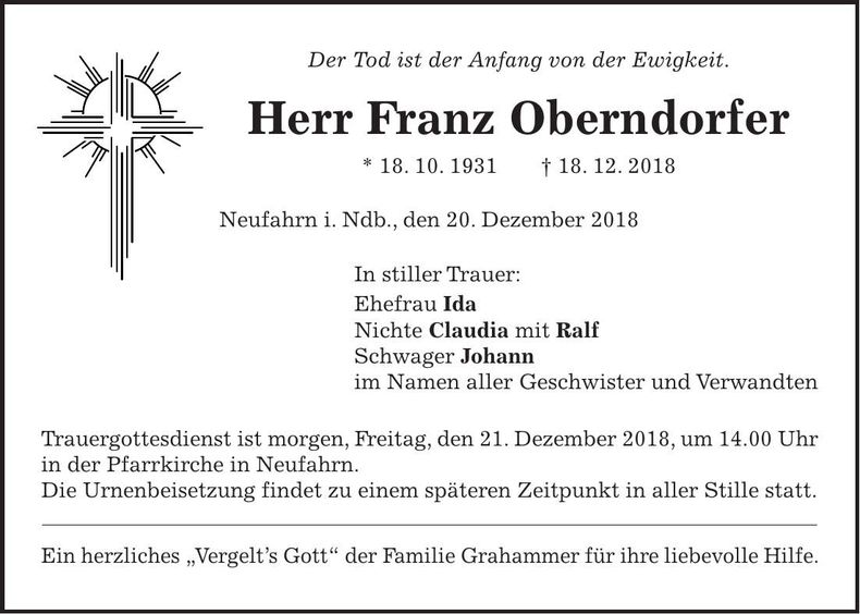 Traueranzeige Franz Oberndorfer