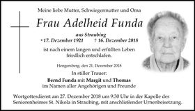 Traueranzeige Adelheid Funda