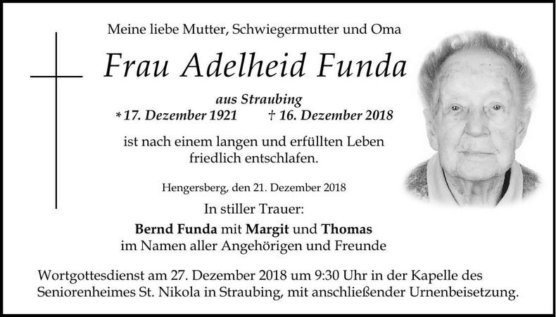 Traueranzeige Adelheid Funda