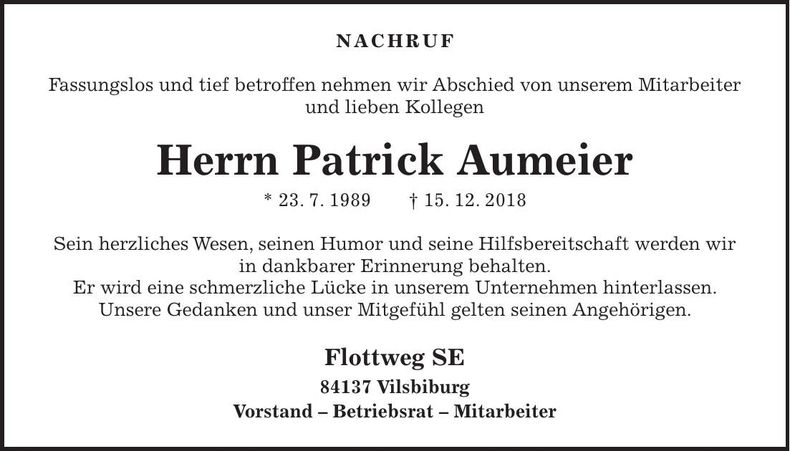 Traueranzeige Patrick Aumer