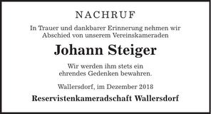 Traueranzeige Johann Steiger