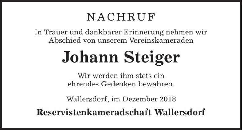 Traueranzeige Johann Steiger