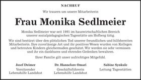 Traueranzeige Monika Sedlmeier