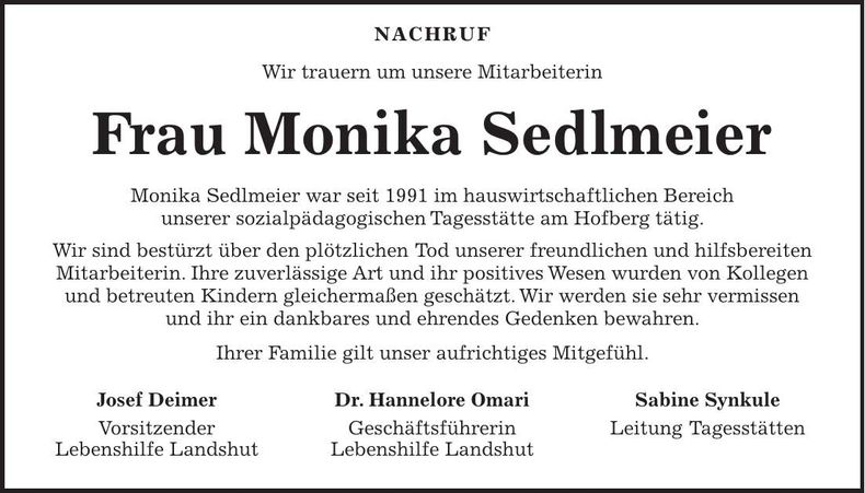 Traueranzeige Monika Sedlmeier