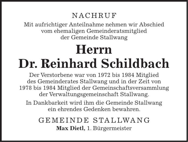 Traueranzeige Reinhard Sc hildbach