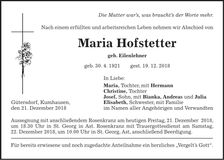 Traueranzeige Maria Hofstetter