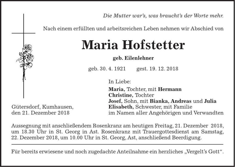 Traueranzeige Maria Hofstetter