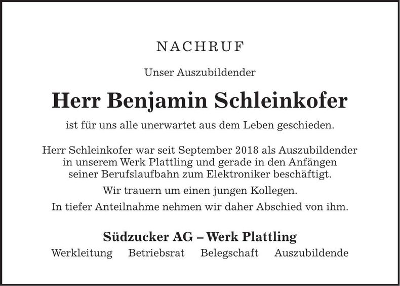 Traueranzeige Benjamin Schleinkofer