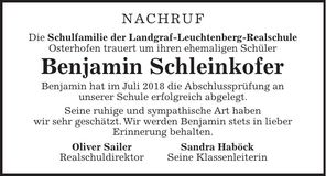 Traueranzeige Benjamin Schleinkofer