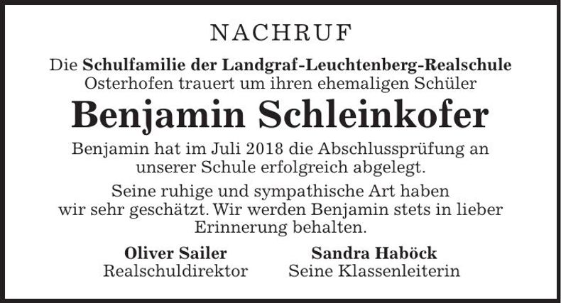 Traueranzeige Benjamin Schleinkofer