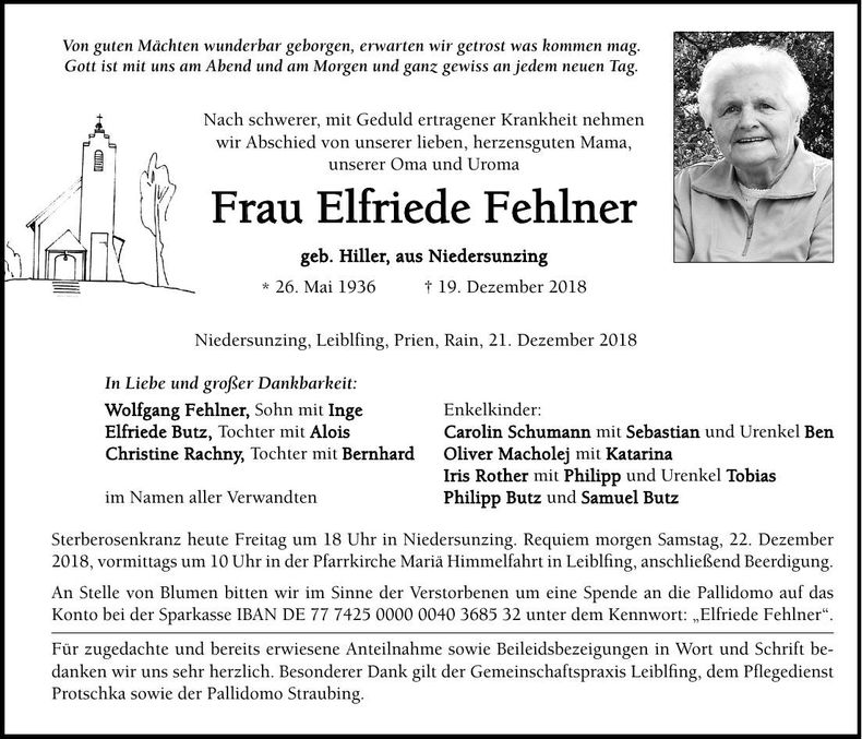Traueranzeige Elfriede Fehlner