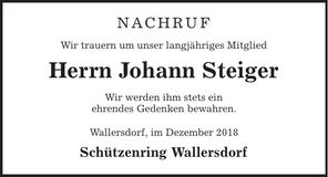 Traueranzeige Johann Steiger