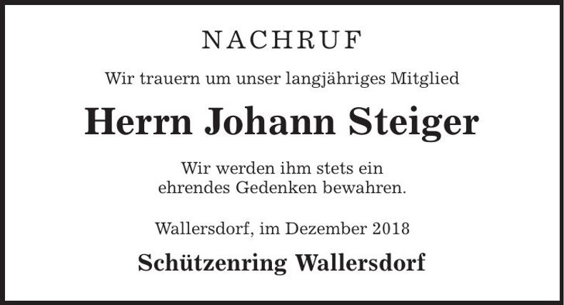 Traueranzeige Johann Steiger
