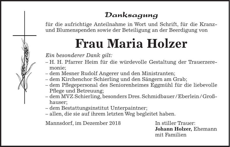 Traueranzeige Maria Holzer