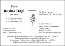 Traueranzeige Rosina Hagl