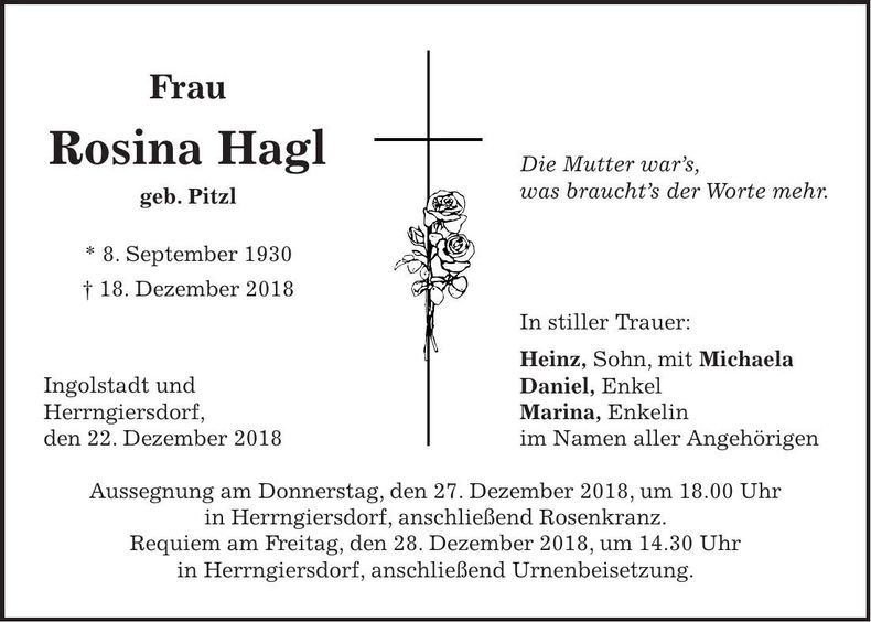 Traueranzeige Rosina Hagl