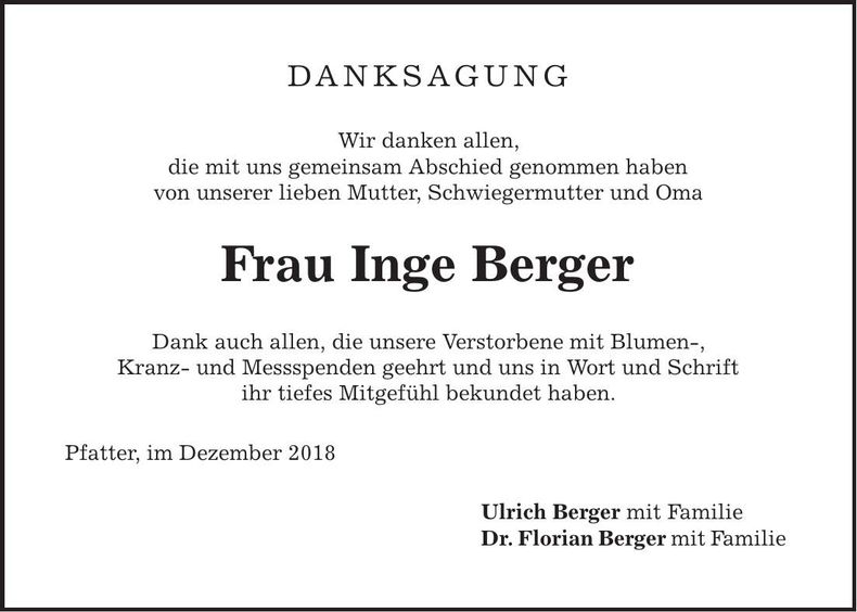 Traueranzeige Inge Berger
