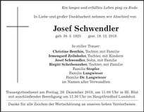 Traueranzeige Josef Schwendler