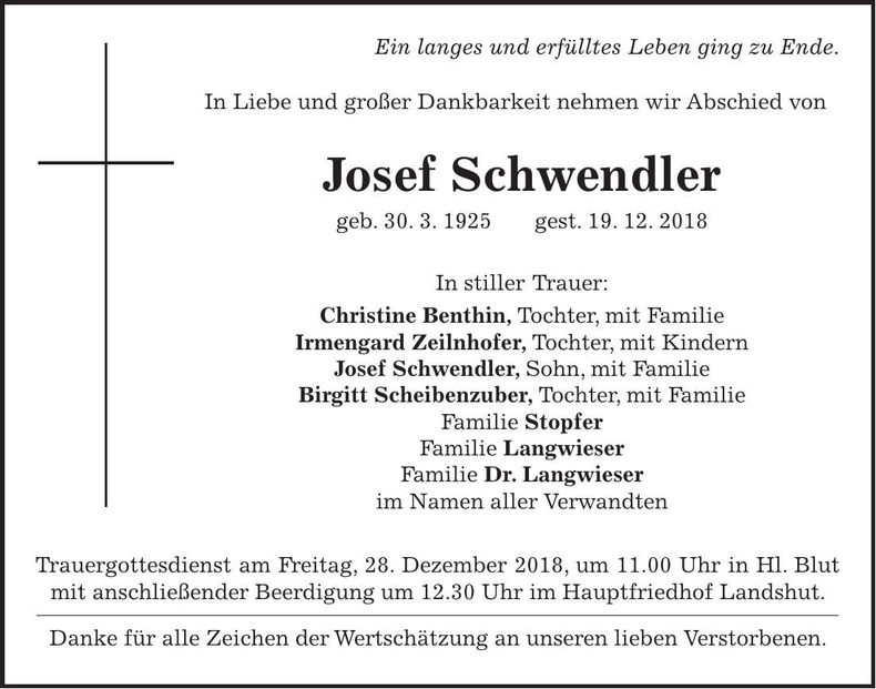 Traueranzeige Josef Schwendler