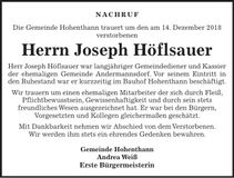 Traueranzeige Joseph Höflsauer