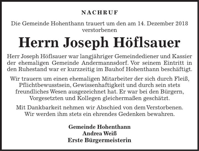 Traueranzeige Joseph Höflsauer