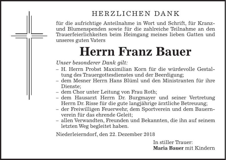 Traueranzeige Franz Bauer