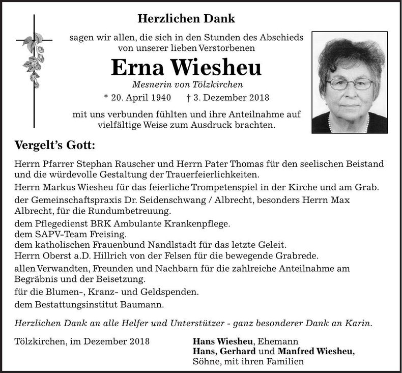 Traueranzeige Erna Wiesheu