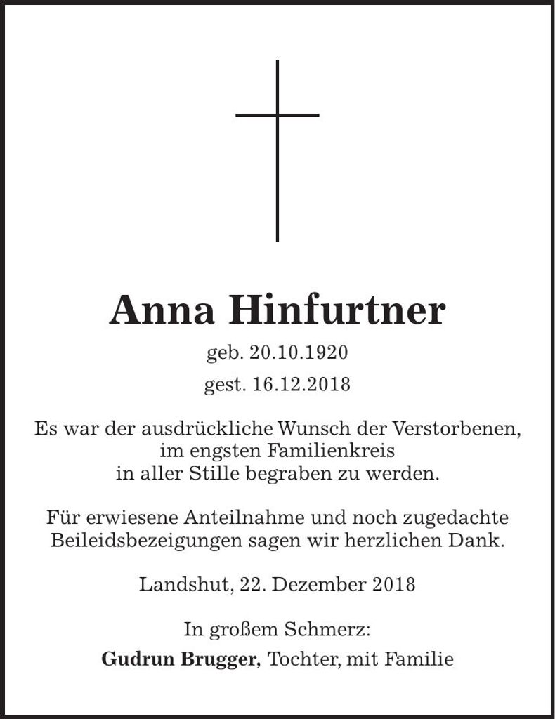 Traueranzeige Anna Hinfurtner