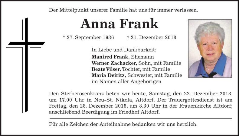 Traueranzeige Anna Frank