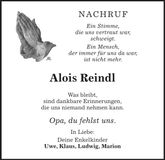 Traueranzeige Alois Reindl