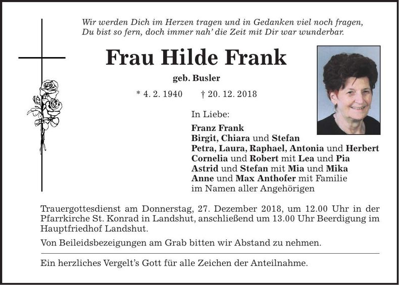 Traueranzeige Hilde Frank