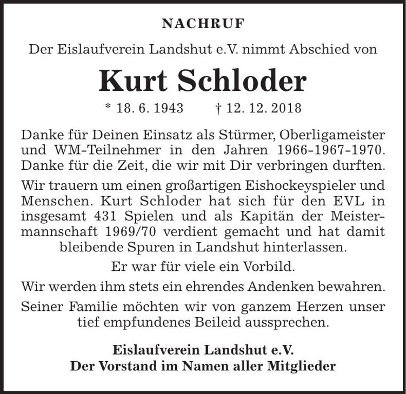 Traueranzeige Kurt Schloder