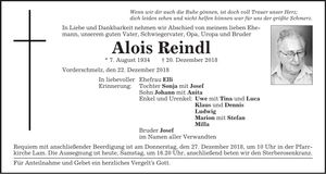 Traueranzeige Alois Reindl